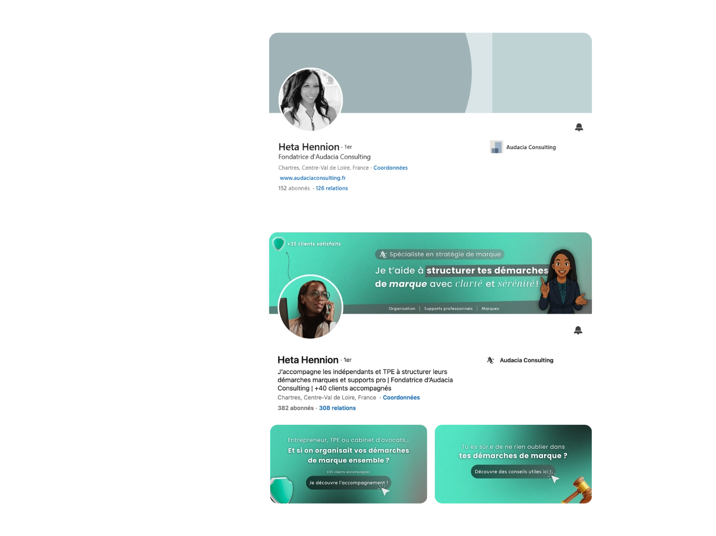 Avant et après du profil LinkedIn d'Audacia Consulting