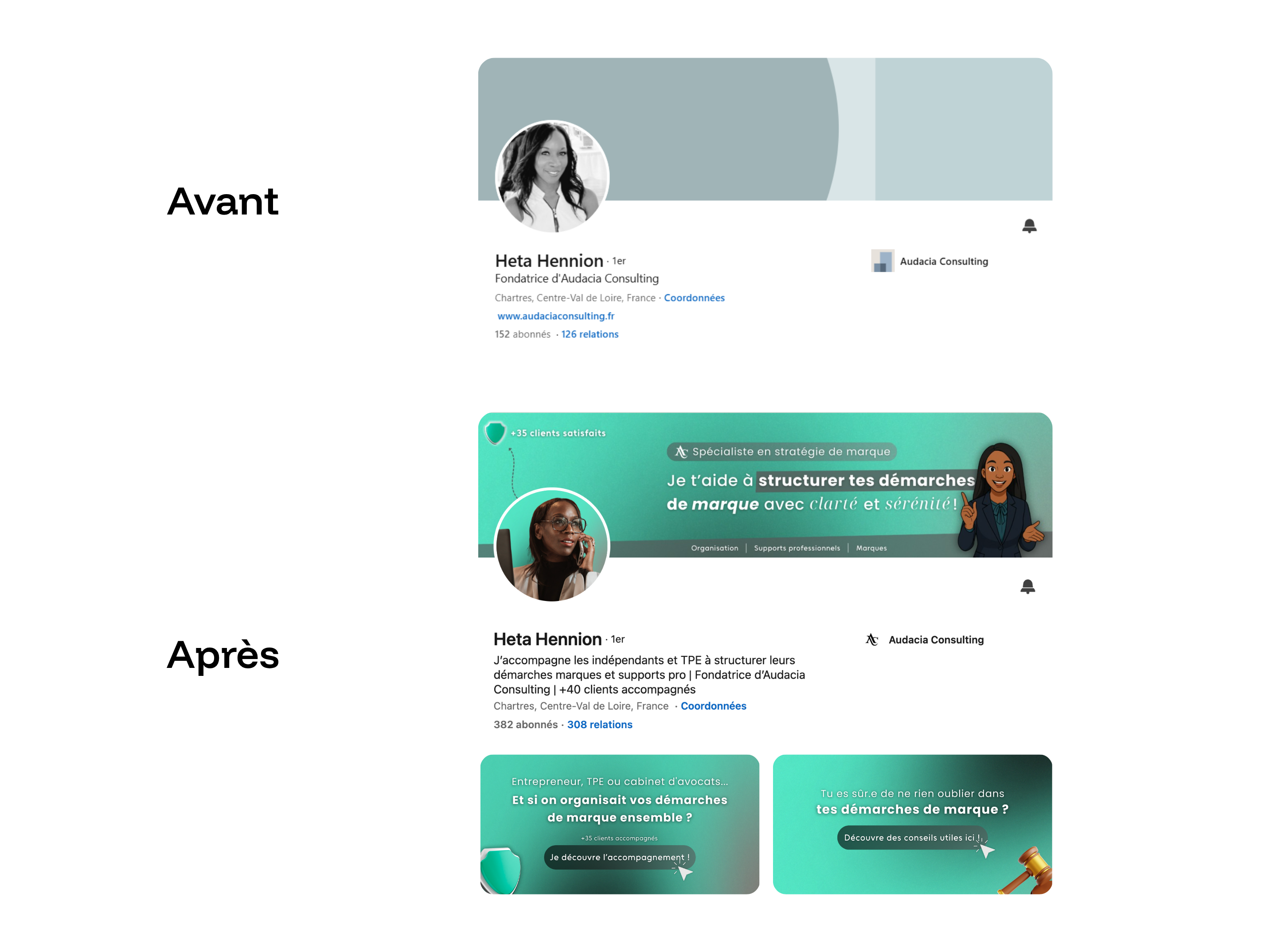 Avant et après du profil LinkedIn d'Audacia Consulting